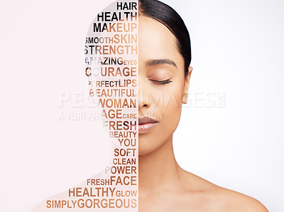 Buy stock photo Studio shot of a beautiful young woman with text superimposed on her face against a white background