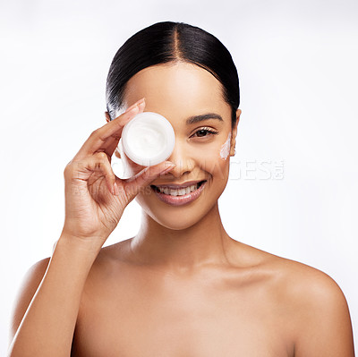 Buy stock photo Portrait, woman and face cream for beauty with confidence, pride or dermatology on white background. Female person, cosmetic product and skincare for hydration in studio backdrop for wellness or glow