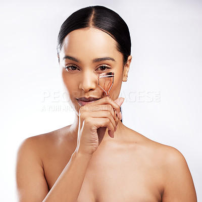 Buy stock photo Portrait, woman and eyelash curler for beauty with confidence, pride and dermatology on white background. Female person, cosmetic tools and skincare for face in studio backdrop for wellness or glow