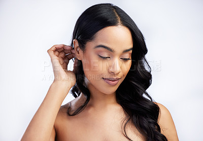 Buy stock photo Hair care, beauty and woman with curly style in studio for salon aesthetic and healthy scalp for growth. Model girl, keratin texture and confidence with shampoo for shine results by white background