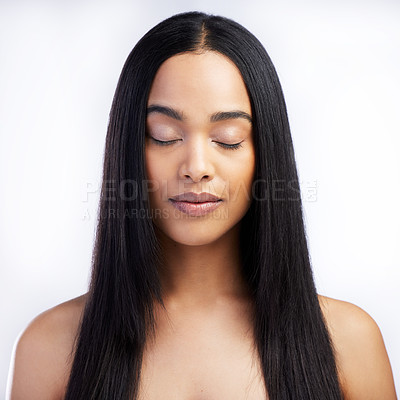 Buy stock photo Woman, eyes closed and straight hair in studio for beauty keratin treatment, volume or texture shine of growth health. Female person, hairdresser and collagen benefits, cosmetics or white background
