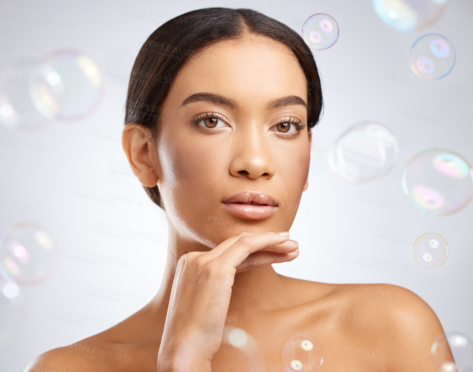 Buy stock photo Bubbles, portrait and beauty for calm woman, studio and cosmetic on white background. Cosmetology, clean and grooming for relax female person, dermatology or salon treatment for skincare or wellness