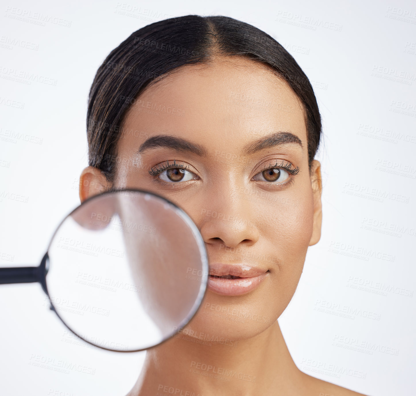 Buy stock photo Beauty, portrait and woman with magnifying glass in studio for skin, inspection and cosmetics on white background. Face, skincare and girl model with search lens for fine lines, acne or dermatology