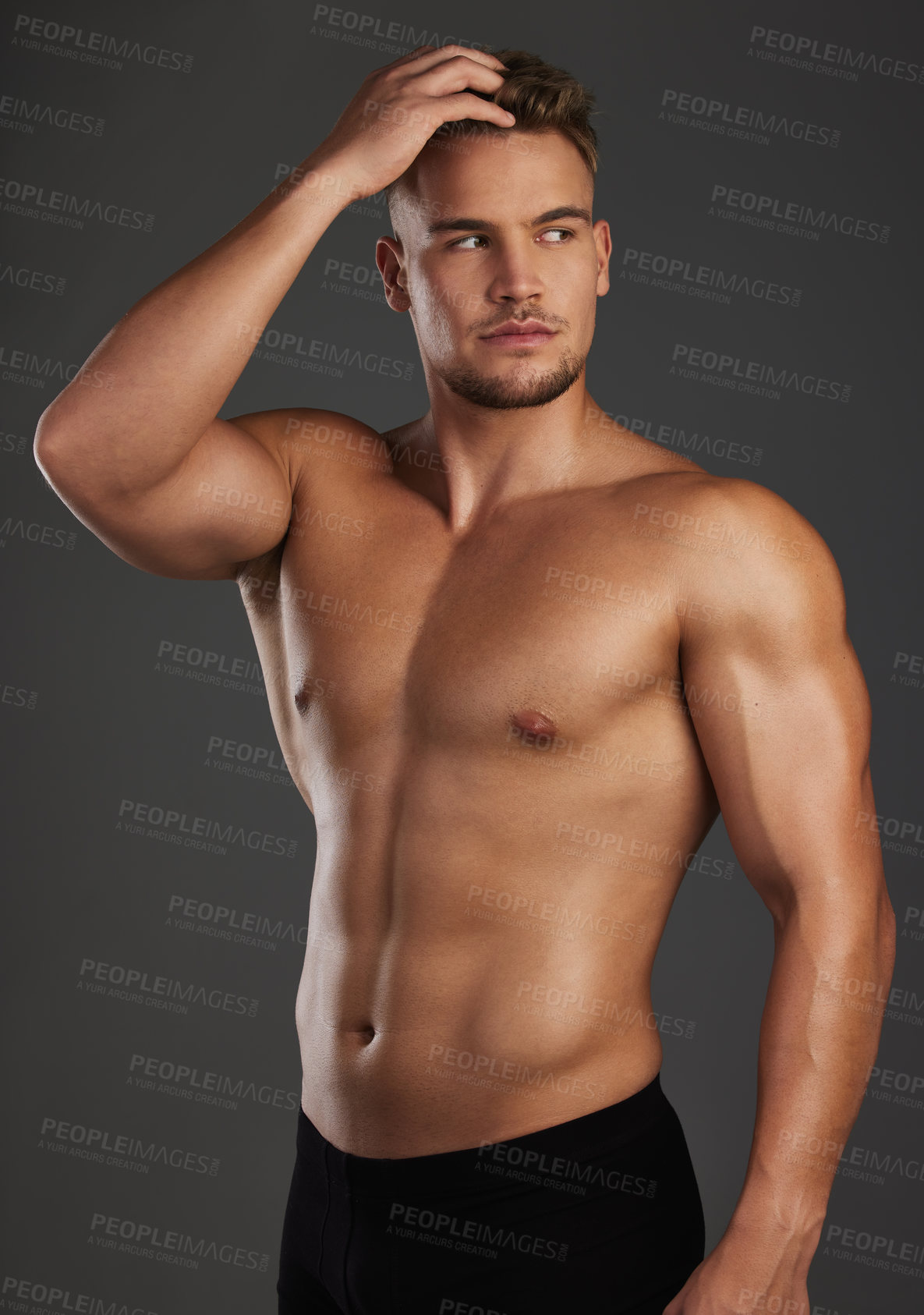 Buy stock photo Thinking, body and fitness man in studio for wellness, training and muscle growth progress on black background. Sports, six pack and athlete with health, exercise and bodybuilding workout results