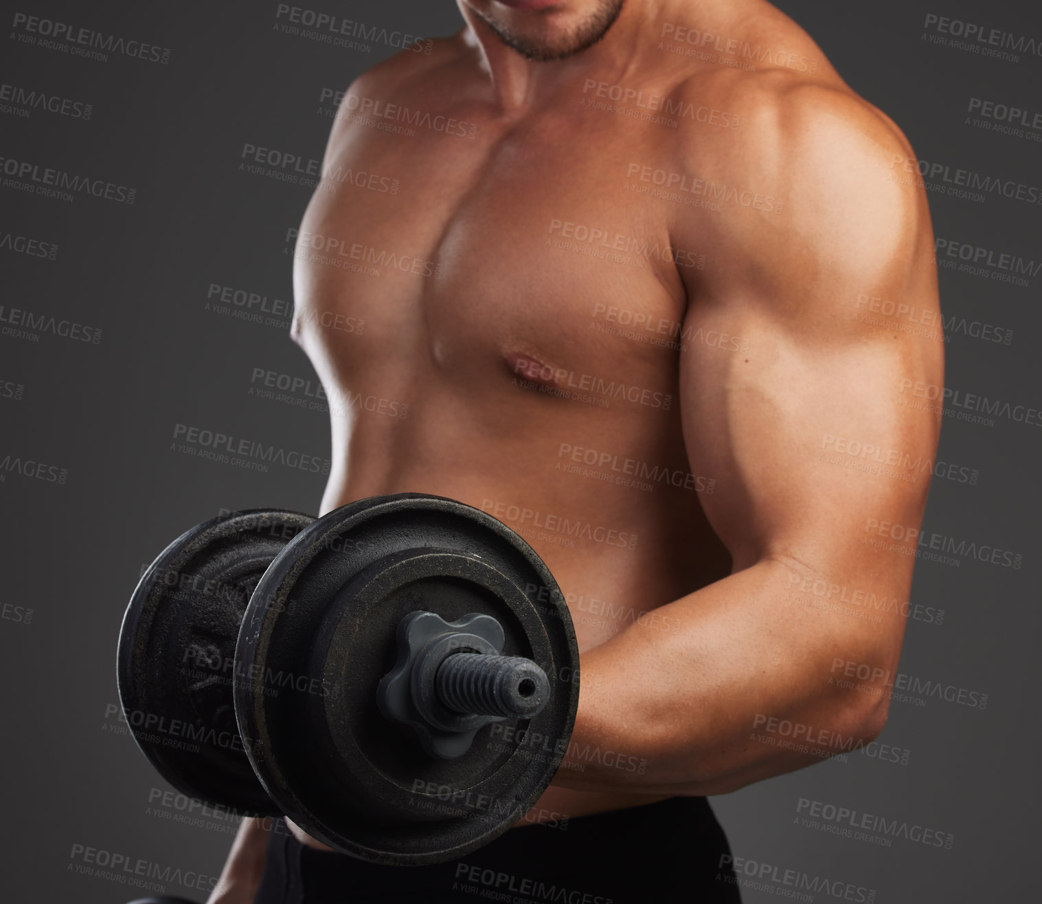 Buy stock photo Dumbbells, bicep and bodybuilder in studio for exercise, training and fitness for health. Sportsman, athlete and shirtless for weight lifting by dark background for transformation, workout and arm