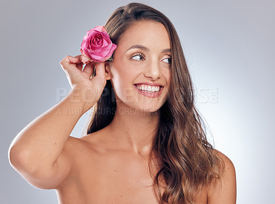Buy stock photo Shot of an attractive young woman standing alone in the studio and posing with a rose in her hair