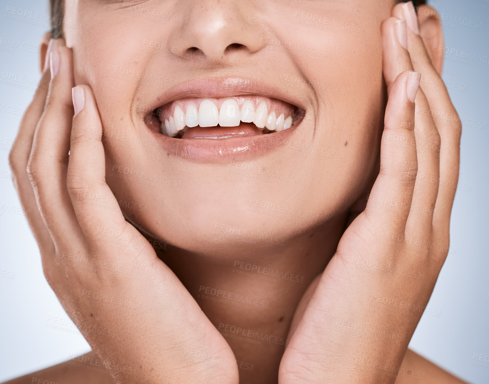 Buy stock photo Woman, mouth and teeth in studio, orthodontics and cosmetics for smile on blue background. Female person, dental health and confident for results of braces or veneers, oral hygiene and whitening