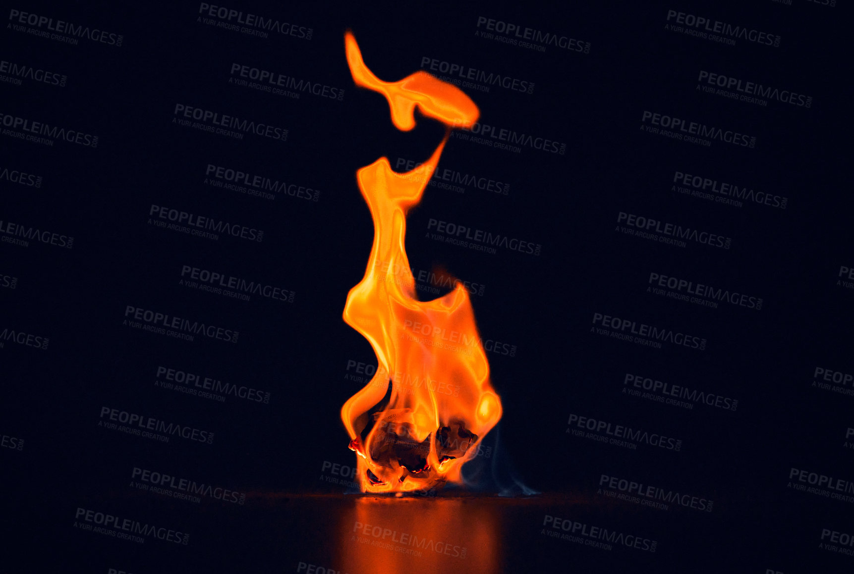 Buy stock photo Fire, small and flame on black background in nature with heat, sparks and paper for light or energy. Hot, hell and burning for bonfire, barbecue and fireplace start at night with risk or danger 