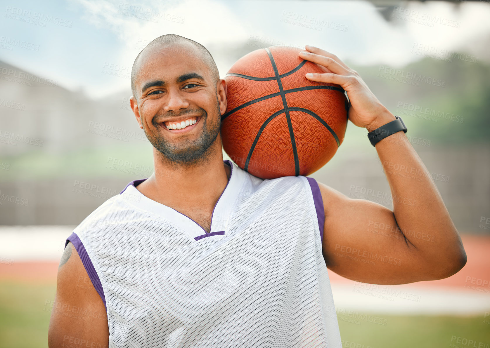 Buy stock photo Portrait, basketball player or happy man in park for training, professional game and pride for competition. Field, male athlete and talent with ball, match and defender position with smile outdoor