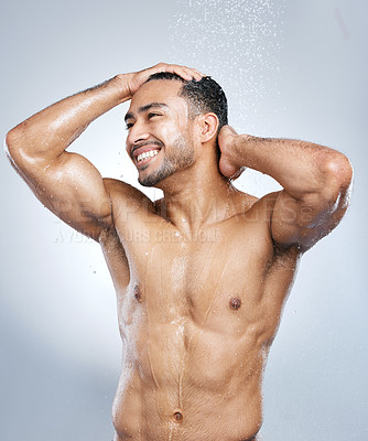 Buy stock photo Man in shower with smile, cleaning and water for hygiene with shampoo, healthy body and studio backdrop. Beauty, skin and hair care, happy male model washing with muscle on bathroom background spa.