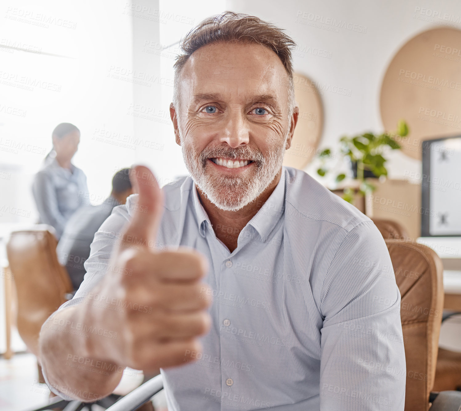 Buy stock photo Portrait of a mature businessman showing thumbs up in a modern office