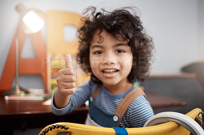 Buy stock photo Portrait of an adorable young boy relaxing in his bedroom at home