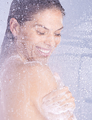 Buy stock photo Wash, water drops and woman with shower in studio for hygiene, treatment or morning routine on white background. Steam, glass and female model with body care for grooming, satisfaction or wellness