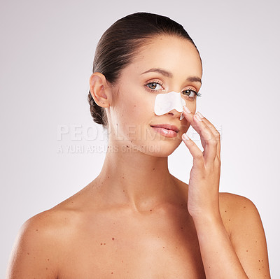 Buy stock photo Woman, nose strip and studio portrait for beauty, blackhead remover and peel on white background. Female person, hygiene and facial mask for cleaning pores, treatment and patch for cosmetics