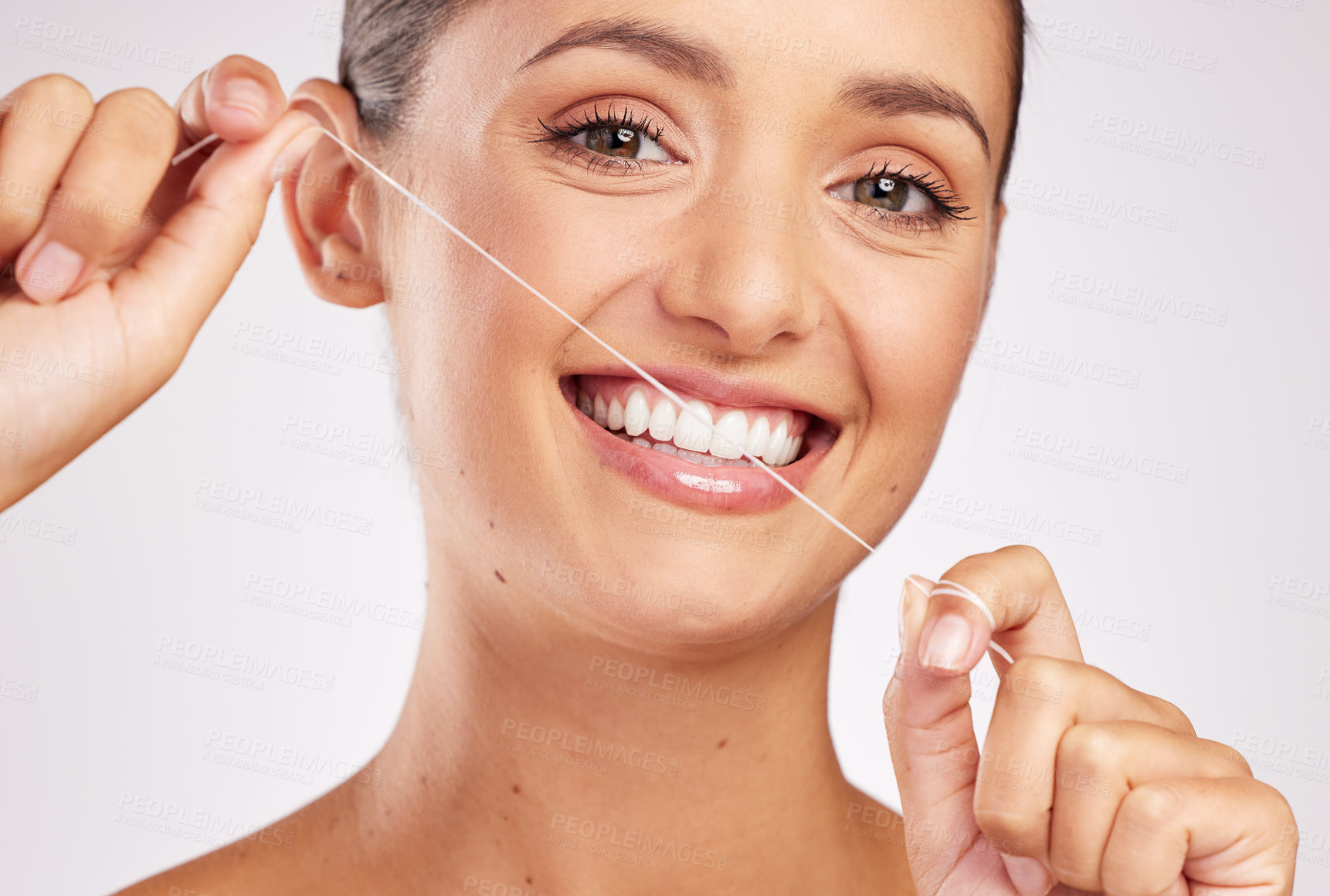 Buy stock photo Portrait, hands of woman and dental floss in studio for healthy gums, teeth whitening or morning routine on white background. Oral care, wellness and model for fresh breath, remove plaque or hygiene