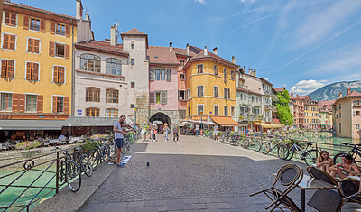 Buy stock photo Annecy, France, July, 17, 2019: Houses and street life in the famous medieval part of the city of Annecy, Department of Upper Savoy, France.Editorial: Annecy, France, July, 17, 2019: Houses and street life in the famous medieval part of the city of Annecy, Department of Upper Savoy, France.