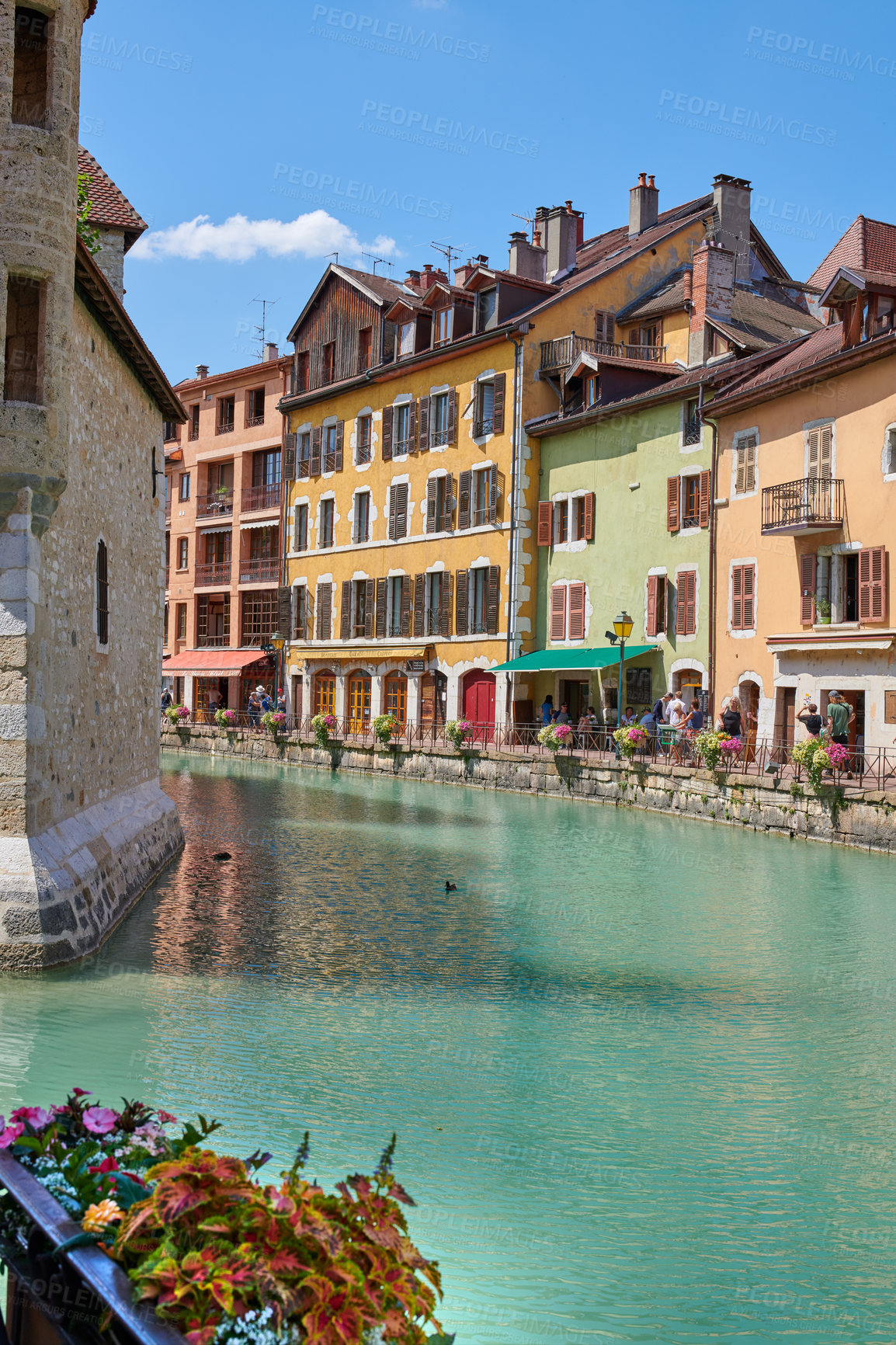 Buy stock photo Annecy, France, July, 17, 2019: Houses and street life in the famous medieval part of the city of Annecy, Department of Upper Savoy, France.Editorial: Annecy, France, July, 17, 2019: Houses and street life in the famous medieval part of the city of Annecy, Department of Upper Savoy, France.