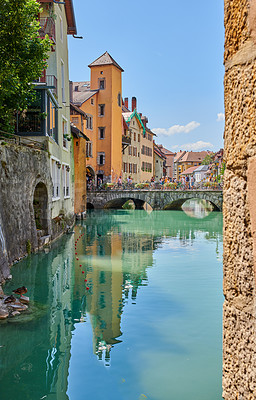 Buy stock photo Annecy, France, July, 17, 2019: Houses and street life in the famous medieval part of the city of Annecy, Department of Upper Savoy, France.Editorial: Annecy, France, July, 17, 2019: Houses and street life in the famous medieval part of the city of Annecy, Department of Upper Savoy, France.