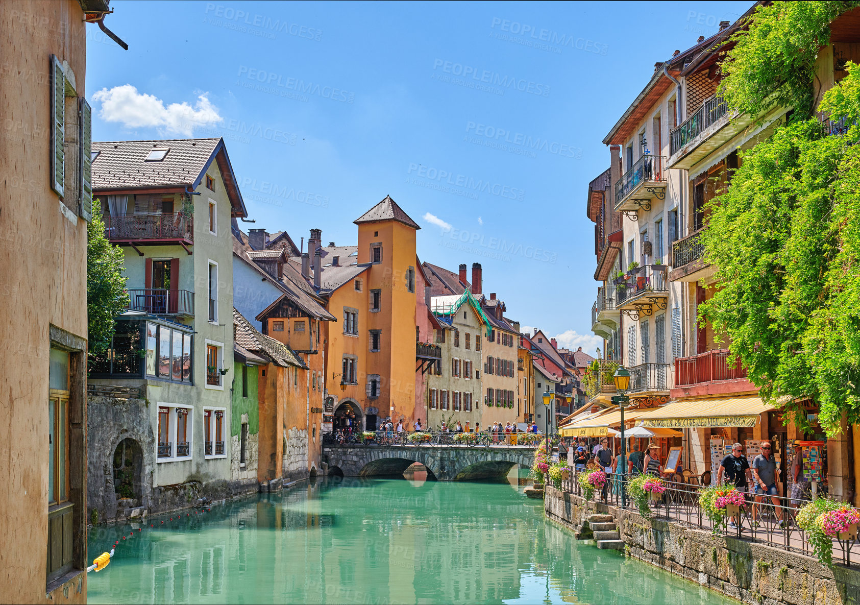 Buy stock photo Annecy, France, July, 17, 2019: Houses and street life in the famous medieval part of the city of Annecy, Department of Upper Savoy, France.Editorial: Annecy, France, July, 17, 2019: Houses and street life in the famous medieval part of the city of Annecy, Department of Upper Savoy, France.