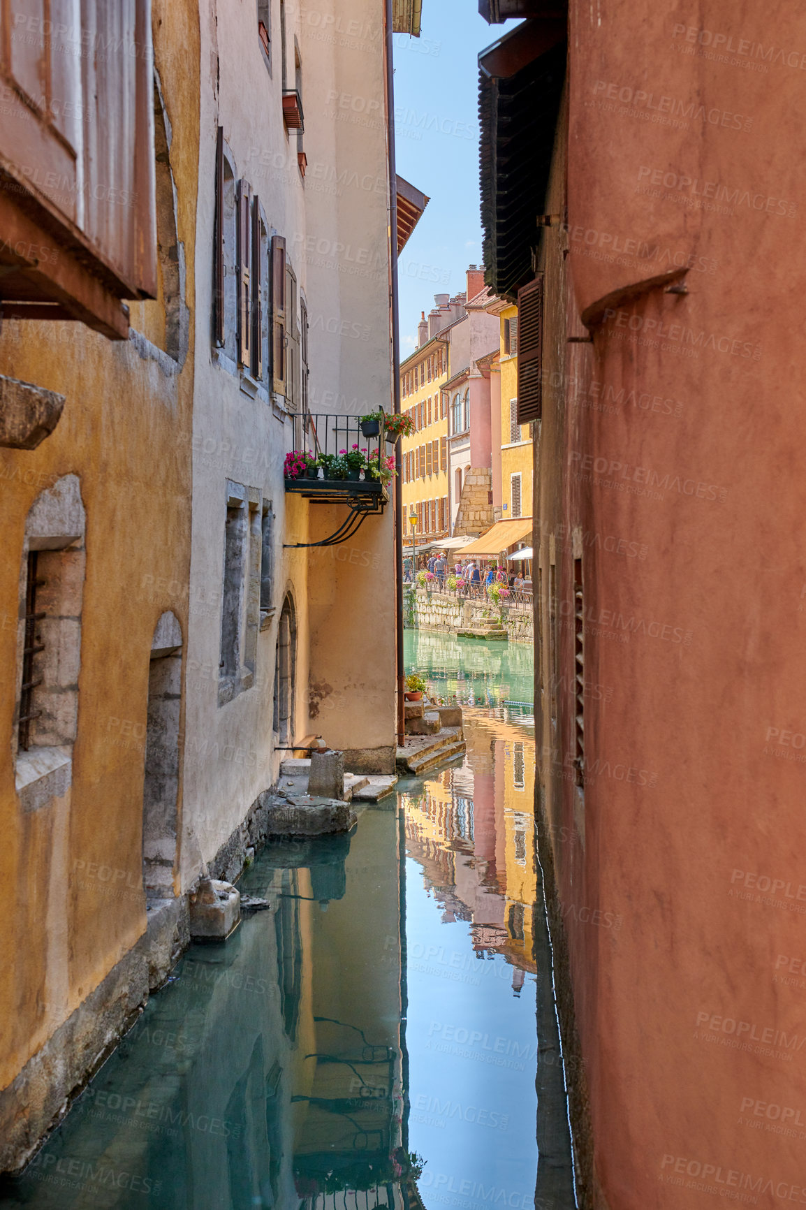 Buy stock photo Architecture, travel and house by canal in town for village, property and tourist destination. Background, culture and buildings by water way in city for aesthetic, location or structures in France