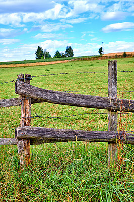 Buy stock photo Beautiful, natural green farm field with grass growing around a barbed wire wooden fence. The landscape of pasture or meadow with a barrier on a summer day and a cloudy blue sky