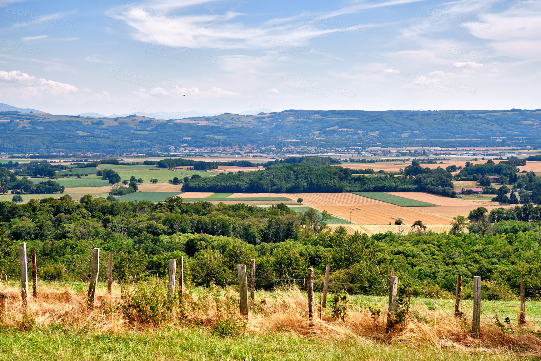 Buy stock photo The landscape view of large farm land with lush green plants. Scenic view of sustainable agriculture and nature with a cloudy blue sky background. Peaceful cultivated farmland with crops