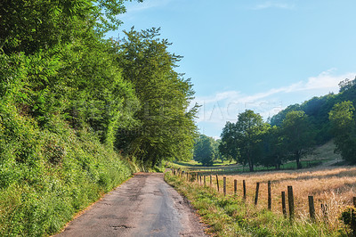 Buy stock photo A countryside dirt road leading to agriculture fields or farm pasture in remote area location with serene and vibrant trees. Landscape view of quiet, lush, green scenery of farming meadows in France