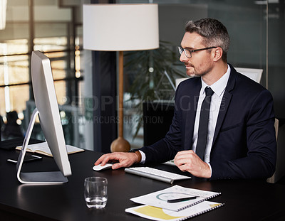 Buy stock photo Businessman, desk and computer in office with working with manager for corporate project. Auditing, table and workstation with technology for accounting with notes for client in company at desktop