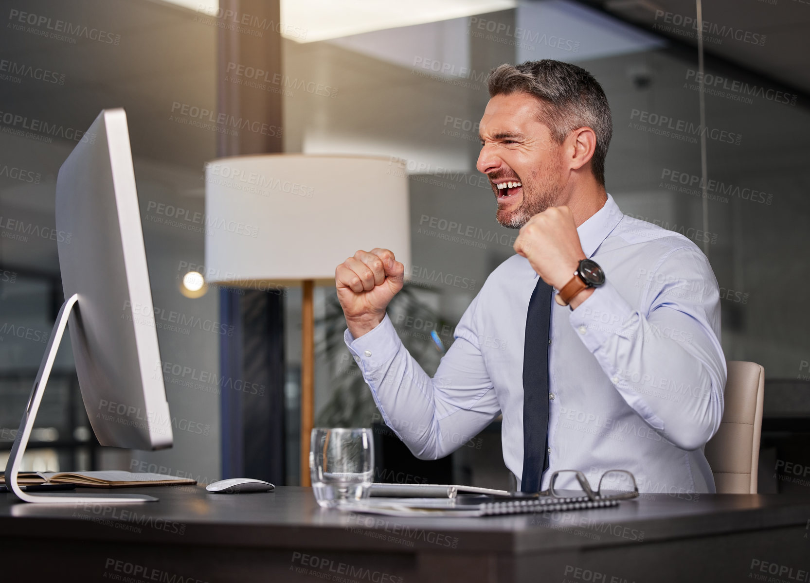 Buy stock photo Businessman, success and computer in office with happy for promotion in corporate company. Crypto, stock market and celebrate at work with technology for profit with business for reward with stocks