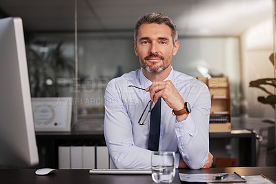 Buy stock photo Business, man and table for office portrait, manager and corporate company with computer. Workplace, thinking and confident in strategy for growth or problem solving, glasses and vision or idea