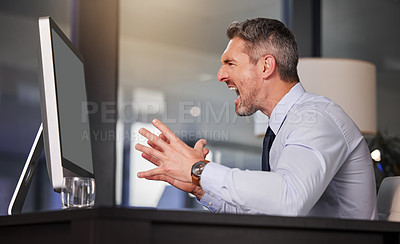 Buy stock photo Business, man and angry with computer in office, burnout and stress for internet problem or network mistake. Employee, working and frustrated with company crisis, mad and scream for 404 error on tech