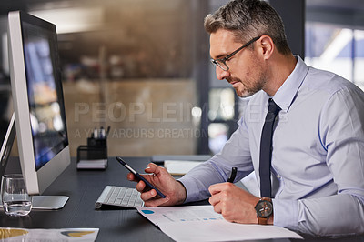 Buy stock photo Business, man and writing for office smartphone, manager and corporate company with computer. Workplace, browsing or search on social media or app for information with document, report and mature