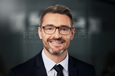 Buy stock photo Happy, portrait and mature businessman in office of startup law firm or company, professional and proud. Male entrepreneur or ceo of business, confident and excited for growth of legal agency.