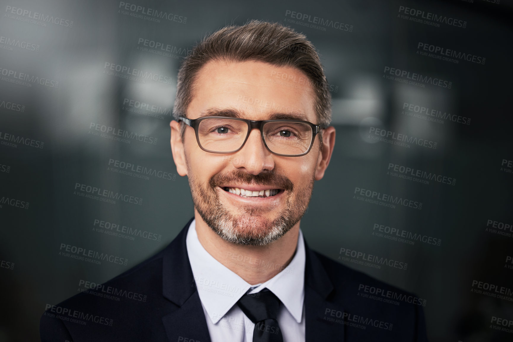 Buy stock photo Happy, portrait and mature businessman in office of startup law firm or company, professional and proud. Male entrepreneur or ceo of business, confident and excited for growth of legal agency.