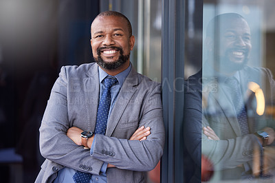 Buy stock photo Happy, black businessman and crossed arms for portrait, empowerment and success outside office. Male entrepreneur and manager with formal suit and smile for pride, confidence and ambition in work