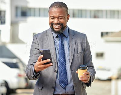 Buy stock photo Happy, black businessman and leadership with phone and coffee for empowerment and success. Male entrepreneur and manager with formal suit, smile and technology for pride, confidence and ambition 