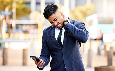 Buy stock photo Man, phone and pain on neck, corporate and outdoor with communication, company and workplace in New York. Street, injury and strain of muscle, employee and publicist in public relations of business