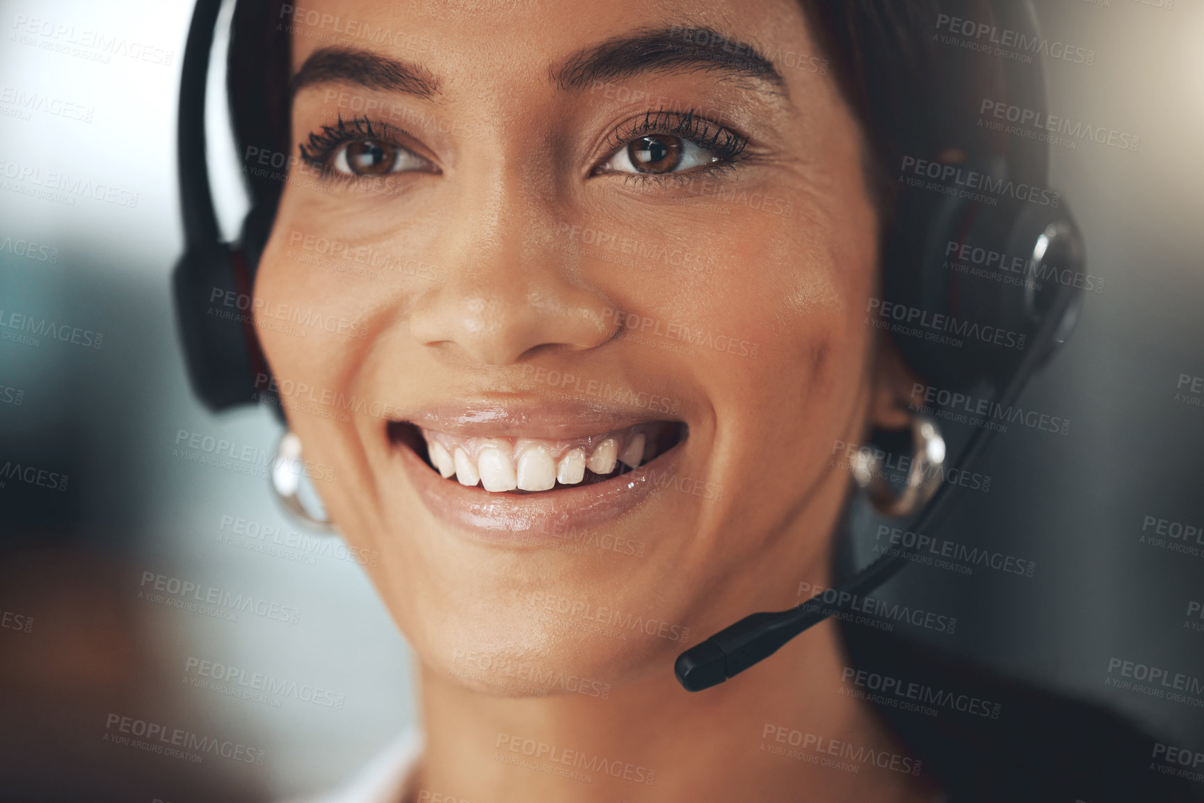 Buy stock photo Call center, smile and vision with woman consultant in telemarketing office for help or sales. Contact us, face and headset with happy person in workplace for consulting, customer service or support