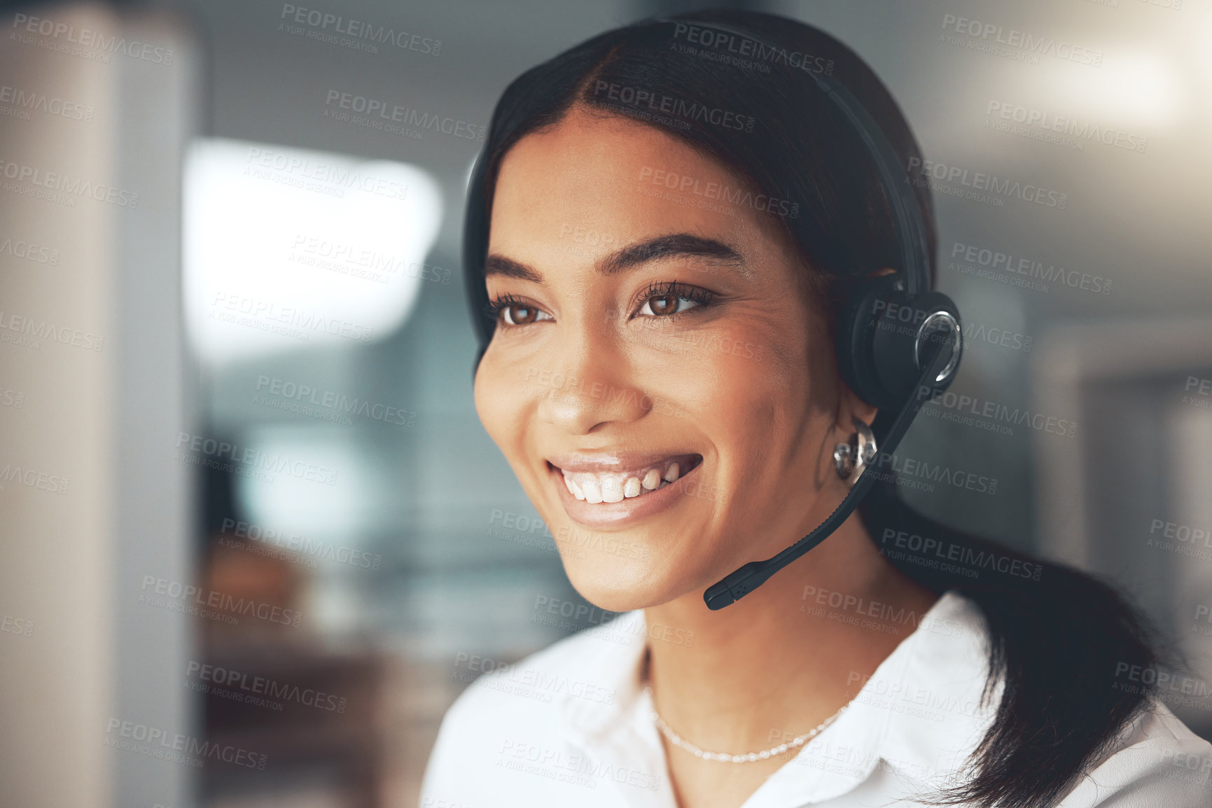 Buy stock photo Call center, computer and smile with woman consultant in telemarketing office for help or sales. Contact us, face and headset with happy agent in workplace for online customer service or support