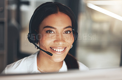 Buy stock photo Woman, portrait and headset at call center for telemarketing, customer service or sales. Female person, computer and tech support in workplace or hello advisor for hotline, connection or consultation
