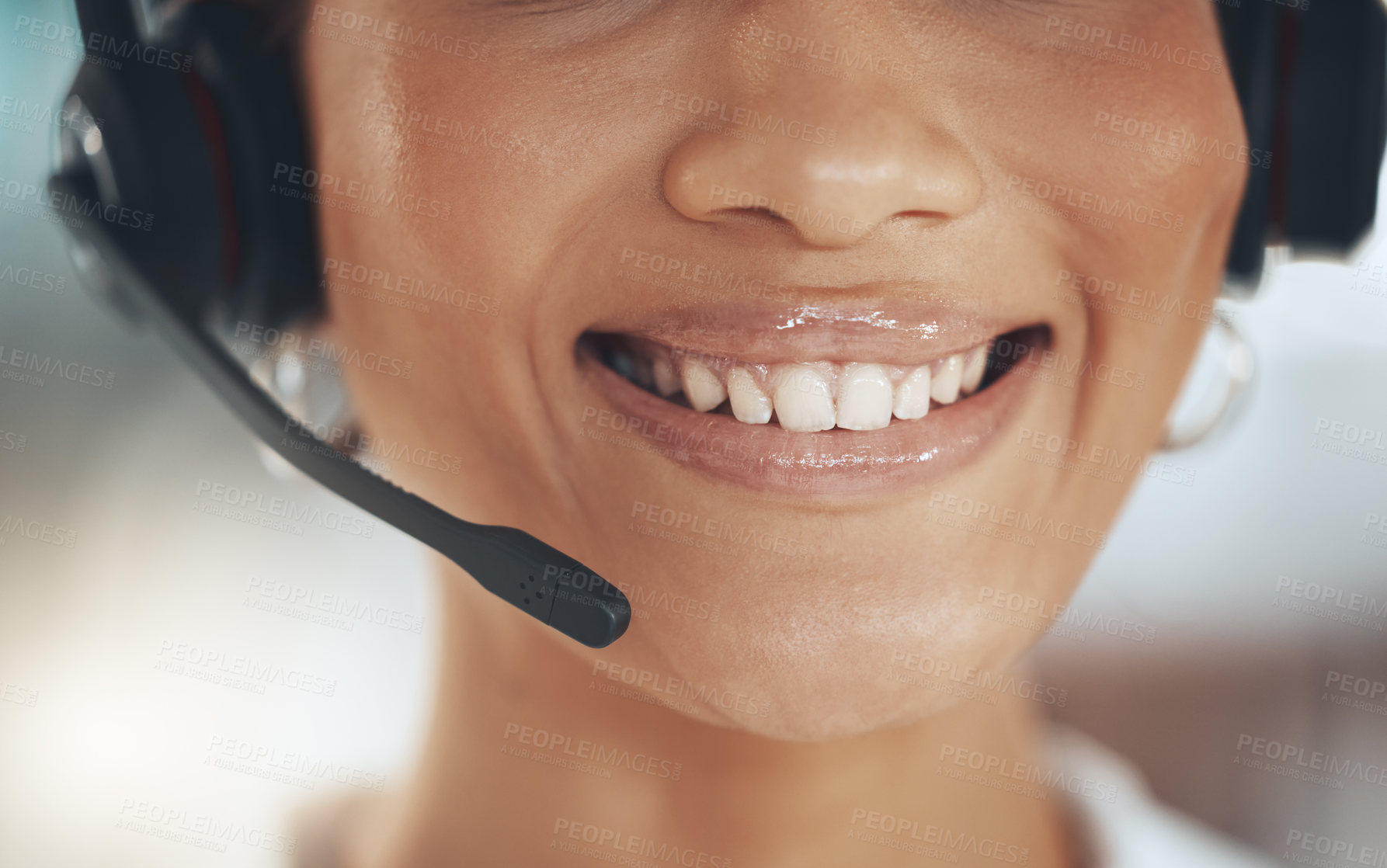 Buy stock photo Woman, call centre and headset by smile, contact and secretary or assistant or agent in office. Female person, closeup and receptionist or support and sales, customer service and consulting or advice