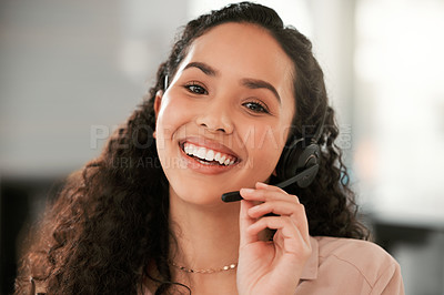 Buy stock photo Portrait, woman and call centre advisor with headphone in office for customer service or help. Happy, female person and telemarketing for communication with client for sales or support at company