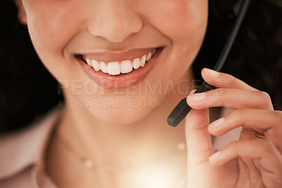Buy stock photo Mouth, smile and headset for crm, call center and technology service agency. Consultant, computer and telemarketing company with conversation, happiness and workplace operator with customer support
