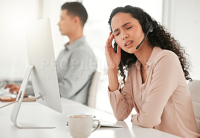 Buy stock photo Stress, headache and woman call center consultant with computer in office with burnout for crm. Migraine, exhausted and female with headset for technical support, telemarketing or customer service.