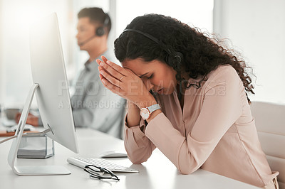 Buy stock photo Exhausted, headache and woman customer service consultant with computer in office with burnout for crm. Migraine, stress and female with headset for technical support, telemarketing or call center.