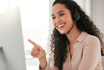 Buy stock photo Woman, smile and headset for crm, call center and technology service agency. Consultant, computer and telemarketing company with conversation, happiness and workplace operator with customer support