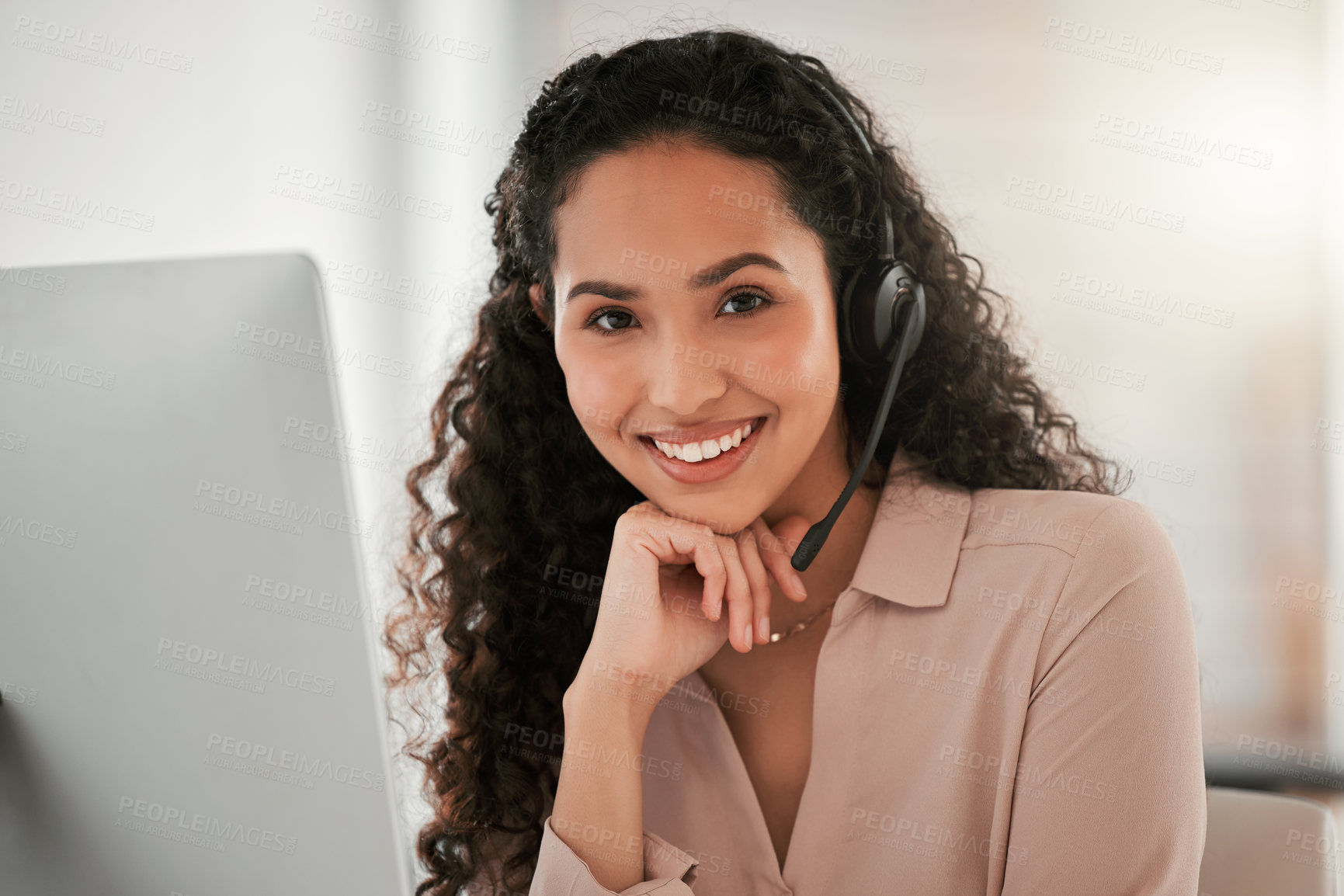 Buy stock photo Portrait, pride and woman with headset in office for career, call agent or telecommunication. Professional, business person or consultant for advice, support or answer questions for customer service