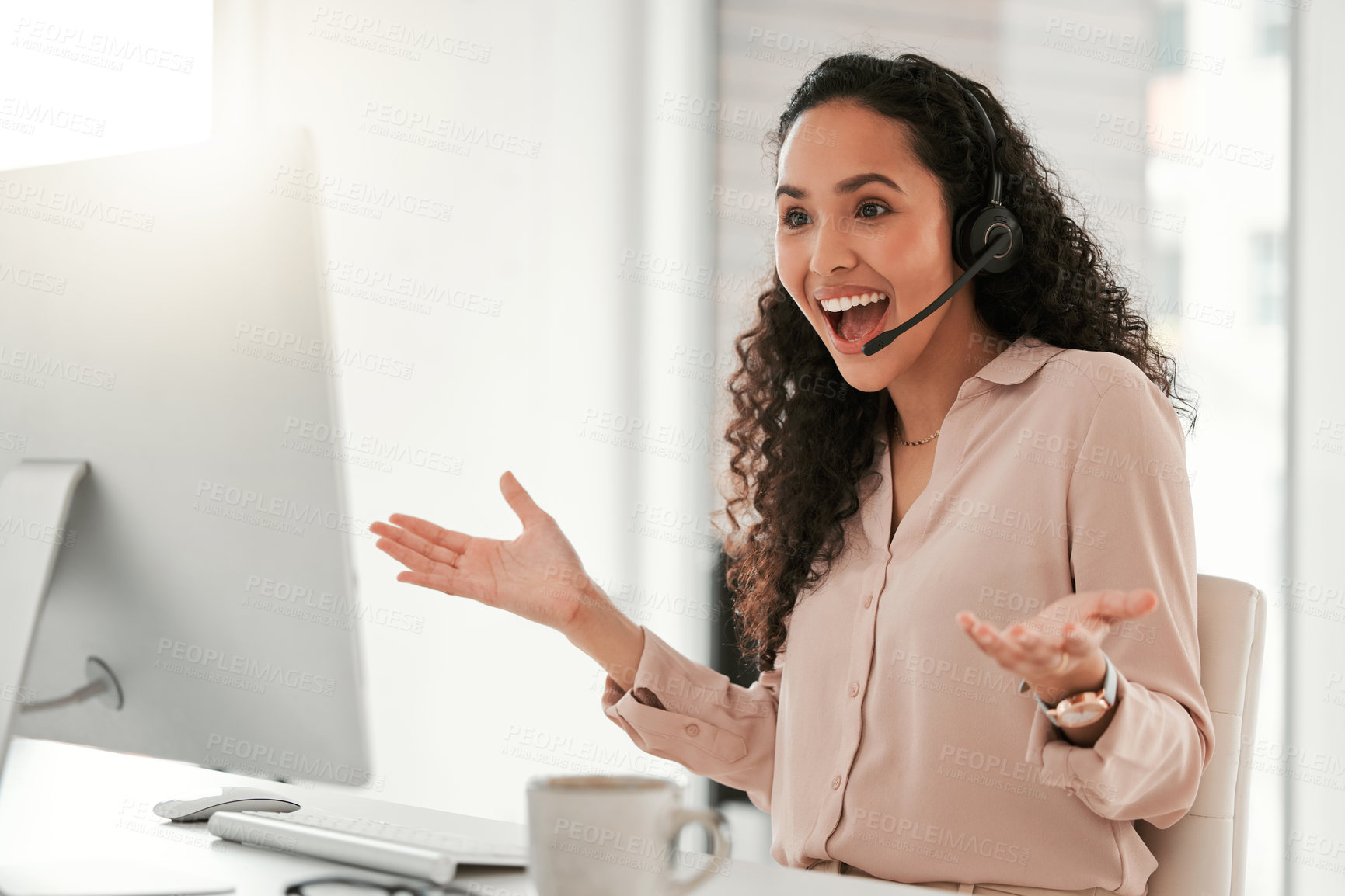 Buy stock photo Woman, smile and excited for crm, call center and technology service agency. Consultant, computer and telemarketing company with bonus, customer support target and workplace operator with headset