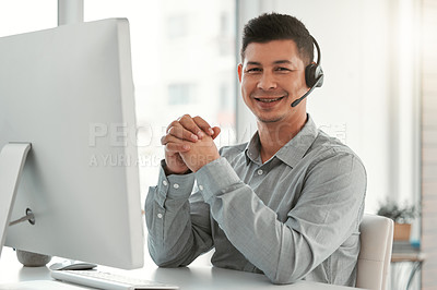 Buy stock photo Portrait, hand together and man with computer, call center and smile with corporate professional, internet and customer service. Face, agent or insurance consultant with pc, tech support or help desk