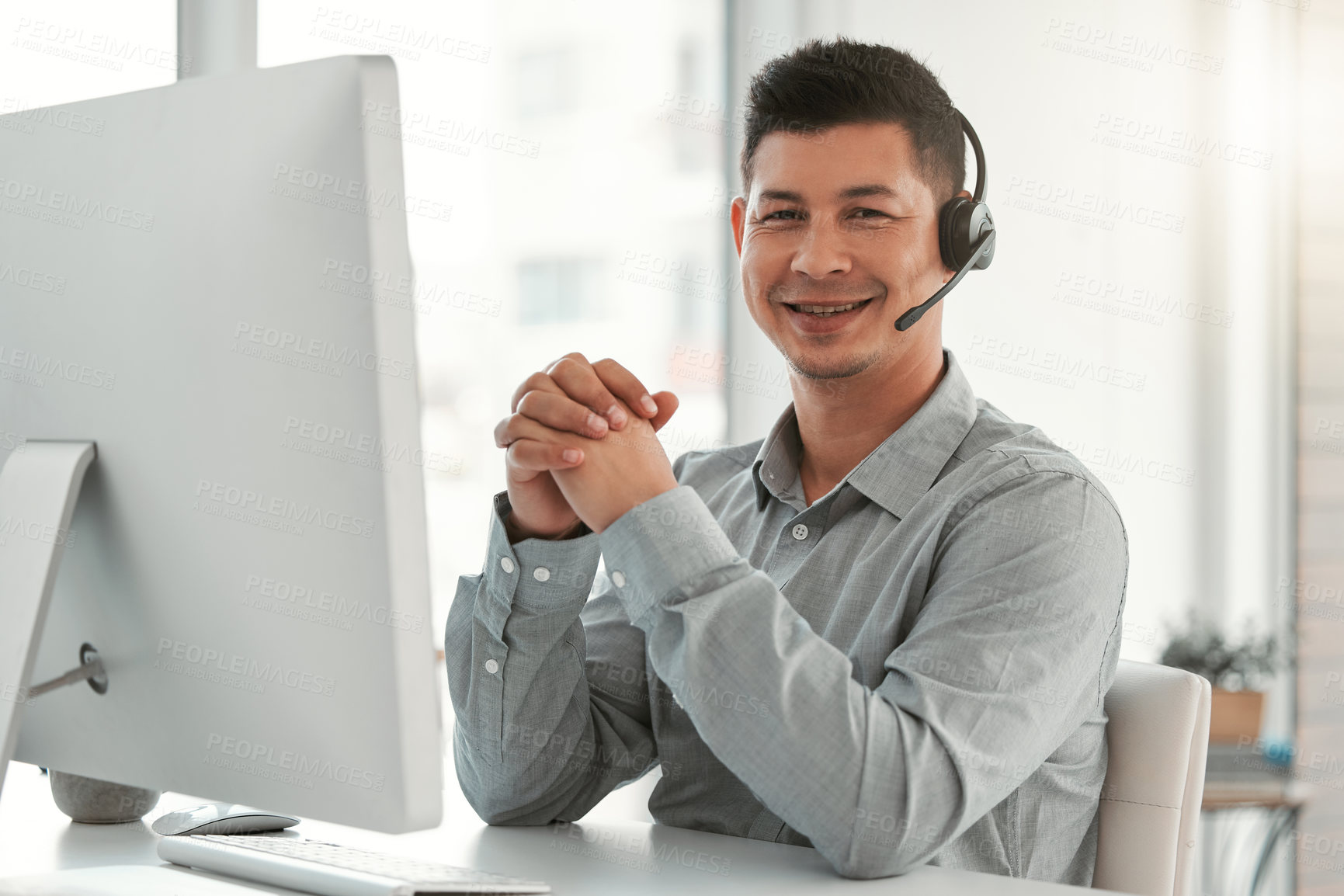 Buy stock photo Portrait, hand together and man with computer, call center and smile with corporate professional, internet and customer service. Face, agent or insurance consultant with pc, tech support or help desk